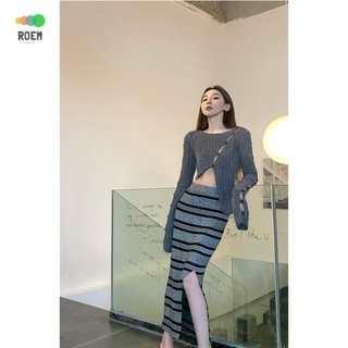 NINI [new autumn] Irregular hollow-out knitwear sweater summer temperament round neck pullover womens long sleeve inner base shirt Korean style