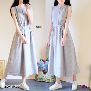 TW10577 Maxi Dress แม็กซี่เดรสแขนกุด ติดกระดุมอก ผ้าทอลายตาราง เอวยืดสม็อคหลัง กระโปรงทิ้งตัวสวิงสวยๆ เย็บติดสายผูกเอว