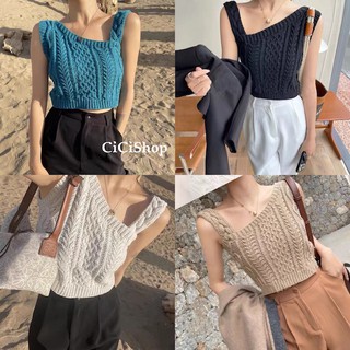 Cicishop(8146)เสื้อครอปแขนกุดปาดไหล่แต่งสายเดี่ยว1ข้าง ผ้าไหมพรมทอลายยืดได้เยอะ ทรงใหม่มาแรง!