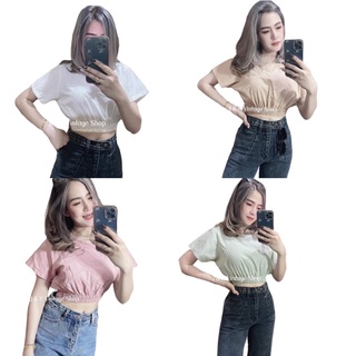 🍀Biwtynine Shop🍀เสื้อครอปแขนกระบอก   คอกลม​ สม๊อคเอว​  น่ารักมาก