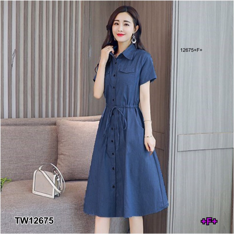 tw12675-dress-เดรสยีนส์เที่ยมสีพื้นแขนสั้น