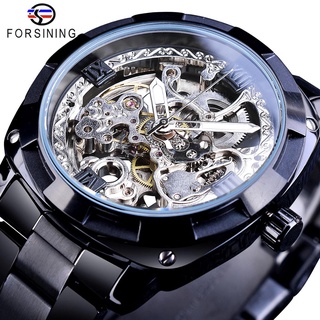 Forsining Men Skeleton Automatic Mechanical Watch Black Transparent Gear Stainless Steel Band Vintage Watches For Man Dr