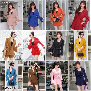 สินค้า TW7714 Set 3 ชิ้น เสื้อสูทแขนยาวผ่แขน +กางเกงขาสั้น+สายผูกเอว