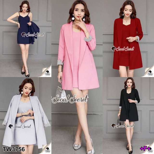 ส่งไว-1-2วันถึง-set-สูทแขนยาวแต่งพับริ้ว-เดรสสายเดี่ยว-ชุดออกงาน-ทําบุญ-งานบวช-งาน-แต่ง-ชุดราตรี-ชุดแฟชั่นสวยๆๆ