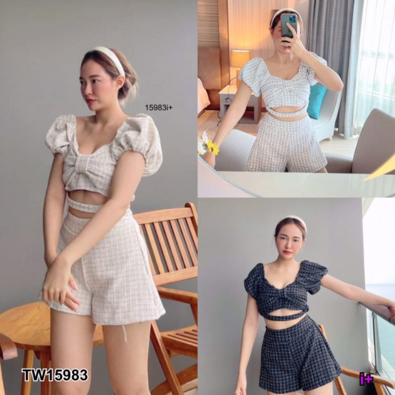 สอบถามสต้อกก่อนโอนค่า-tw15983-เสื้อทรงครอป-กางเกงขาสั้น-สีขาว-ครีม-ดำ