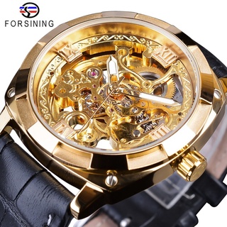 Forsining Golden Skeleton Clock Male Mens Mechanical Wrist Watches Top Brand Luxury Black Genuine Leather Belt Luminous