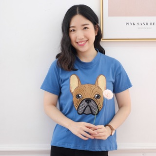 เสื้อครอป crop คอปีน งานปัก ลาย French Bulldog ผ้านิ่ม COTTON 100%