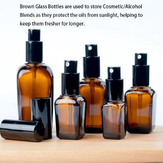 Amber Square Glass Bottle with Spray/ Pump (Black Mist Spray Head) For Alcohol /Essential Oil / Cosmetics 10ml/20ml/30ml/50ml/100ml 酒精喷雾