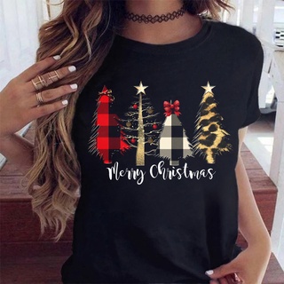 เสื้อยืด พิมพ์ลายกราฟฟิคเสือดาว ต้นคริสต์มาส ปีใหม่ น่ารัก แฟชั่นสําหรับผู้หญิง