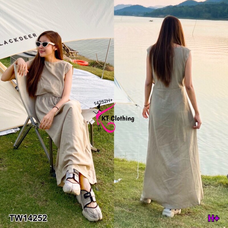 maxi-dress-เดรสยาว-แขนกุด-ช่วงเอวเว้าหน้า-เอวดึงยางสม็อกยืดได้-kp14252