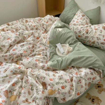 ผ้าปูที่นอน-ลาย-ดอกไม้-กระต่ายยน้อยโทนอุ่น