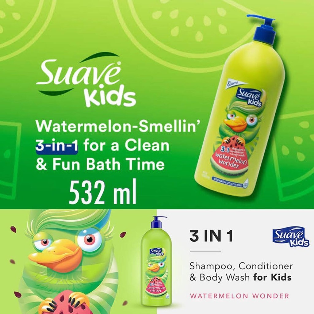 สุดคุ้ม-suave-kids-3-in-1-แชมพูผสมคอนดิชั่นเนอร์และครีมอาบน้ำ-watermelon-wonder-ขนาด-1-8-ลิตร