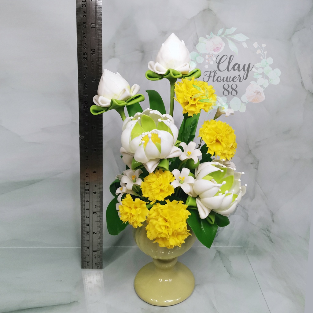 ชุดคู่-แจกัน-ดอกบัวประดิษฐ์-ดอกไม้ไหว้พระ-สูง-11-นิ้ว-ดอกบัวปลอม-ดอกบัวไหว้พระ-ดอกไม้ดินปั้น-จาก-ดินไทย