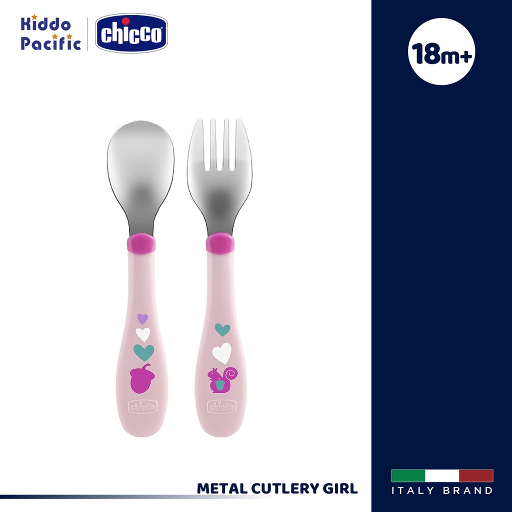 ภาพหน้าปกสินค้าChicco ชุดช้อน ส้อมสเตนเลส Metal Cutlery 18M+ Girl