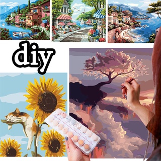 ภาพระบายสีตามตัวเลข รูปเมืองริมน้ำ ของขวัญ DIY สำหรับตกแต่งบ้าน ขนาด 50X40 ซม. ภาพวาด ระบายสีตามตัวเลข ชนิดสีน้ำมัน