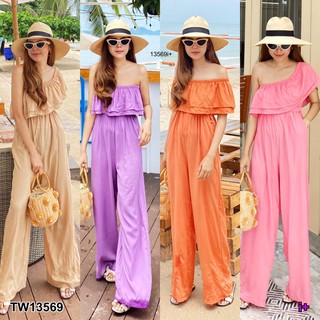 AT13569 Jumpsuit จั๊มสูทขายาว อกระบาย 2 ชั้น ดึงยางสม็อก