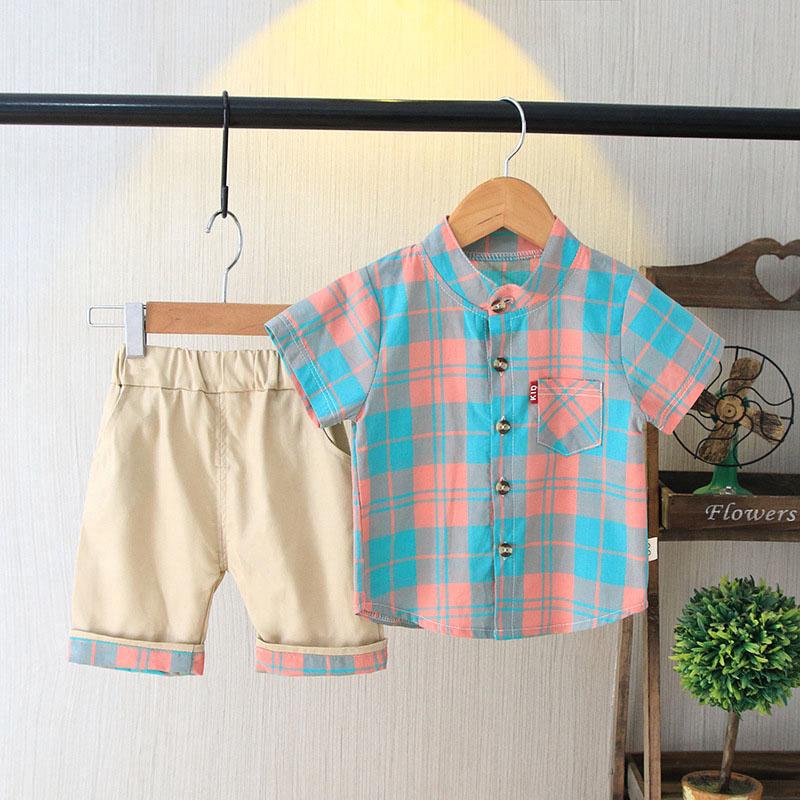 เสื้อผ้าเด็กชายทารกตั้งฤดูร้อนตารางแขนสั้นเสื้อสุภาพบุรุษ + กางเกงขาสั้นลายสก๊อต