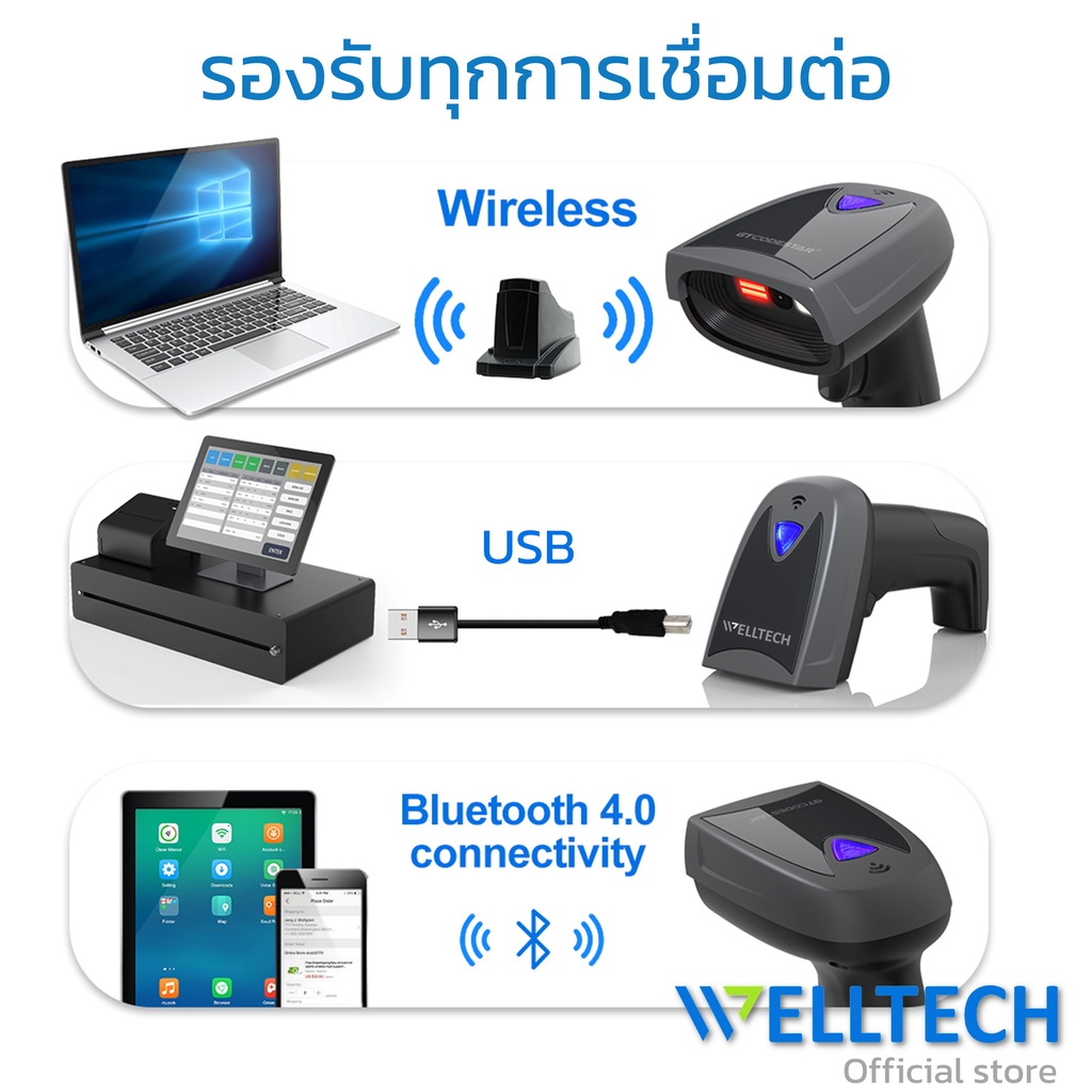 ภาพสินค้าเครื่องสแกนบาร์โค้ดไร้สาย 1D, 2D และ QR code  เปลี่ยนภาษาอัตโนมัติ  WELLTECH รุ่น X-1801B  USB + Wireless + Bluetooth จากร้าน welltech.pos บน Shopee ภาพที่ 2