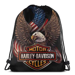 กระเป๋าเป้สะพายหลัง ผ้าโพลีเอสเตอร์ แบบผูกเชือก น้ําหนักเบา ลาย Bald Eagle Harley Davidson เหมาะกับการพกพา เล่นกีฬา เดินป่า โยคะ ยิม ท่องเที่ยว ว่ายน้ํา