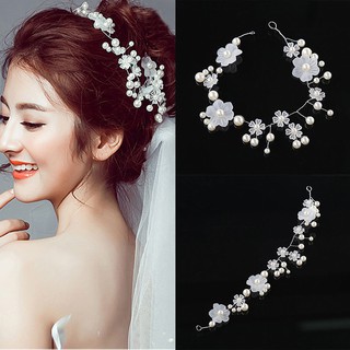 ที่คาดผมดอกไม้และมุกสีขาว - White Flower Resin Pearl Bridal Headband