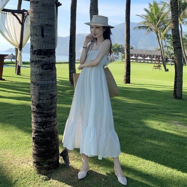 พร้อมส่ง-ที่ไทย-maxi-dress-สีขาวผูกโบว์ด้านหลัง-ds074