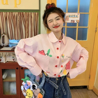 เสื้อเชิ้ตลําลอง ทรงหลวม พิมพ์ลายน่ารัก สไตล์เกาหลี แฟชั่นฤดูใบไม้ผลิ สําหรับผู้หญิง