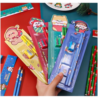 ใหม่ ลายคริสต์มาส ดินสอ ยางลบ ลายคริสต์มาส ชุดดินสอ มี5 ชิ้น  ชุดสําหรับเด็กนักเรียน เครื่่องเขียน ดินสอ