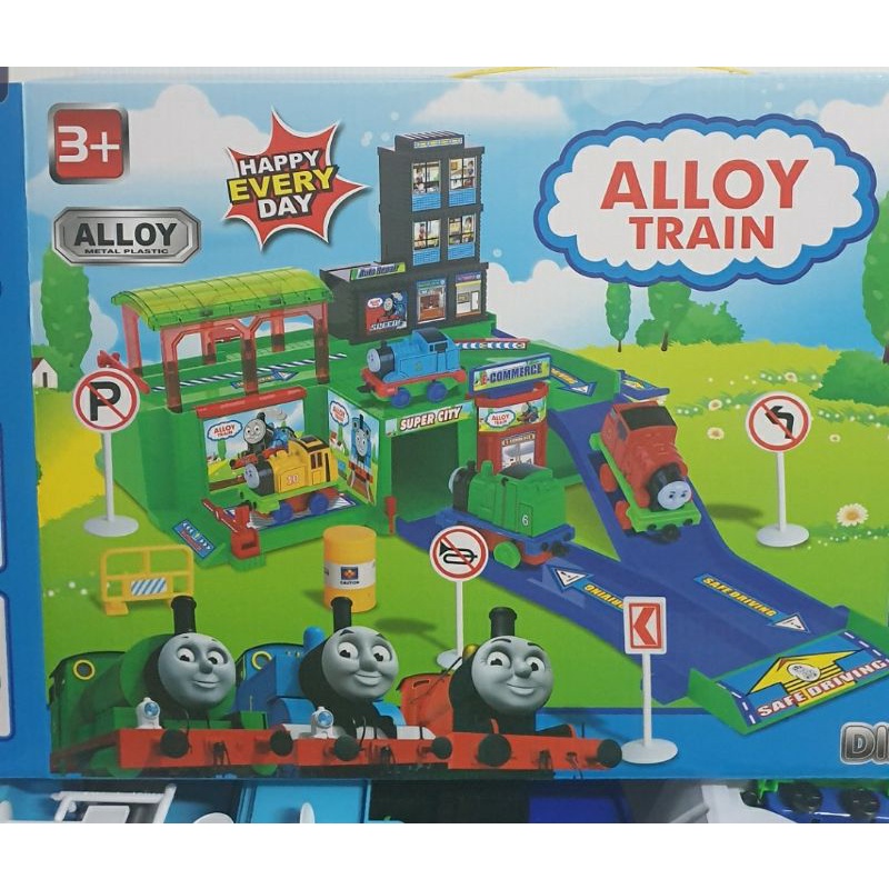 ของเล่นชุดลานจอดรถไฟโทมัส-no-82073-alloy-train-set-มีทางลาดและโรงเก็บรถ-หัวรถไฟ-4-คัน-ลากเข็น