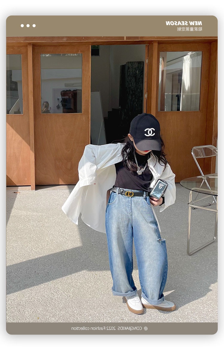 ภาพอธิบายเพิ่มเติมของ Aiyaya กางเกงยีนเด็กผู้หญิง กางเกงขากว้างสีฟ้าอ่อนเกาหลี แฟชั่นและการจับคู่ที่ดี289