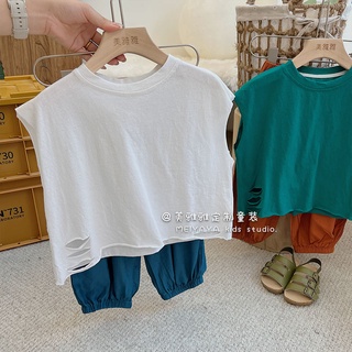[Babycat] พร้อมส่ง ขายดี เสื้อยืดคอกลม แขนกุด สีพื้น สไตล์เกาหลี ญี่ปุ่น เรียบง่าย สําหรับเด็กผู้ชาย ผู้หญิง 2022