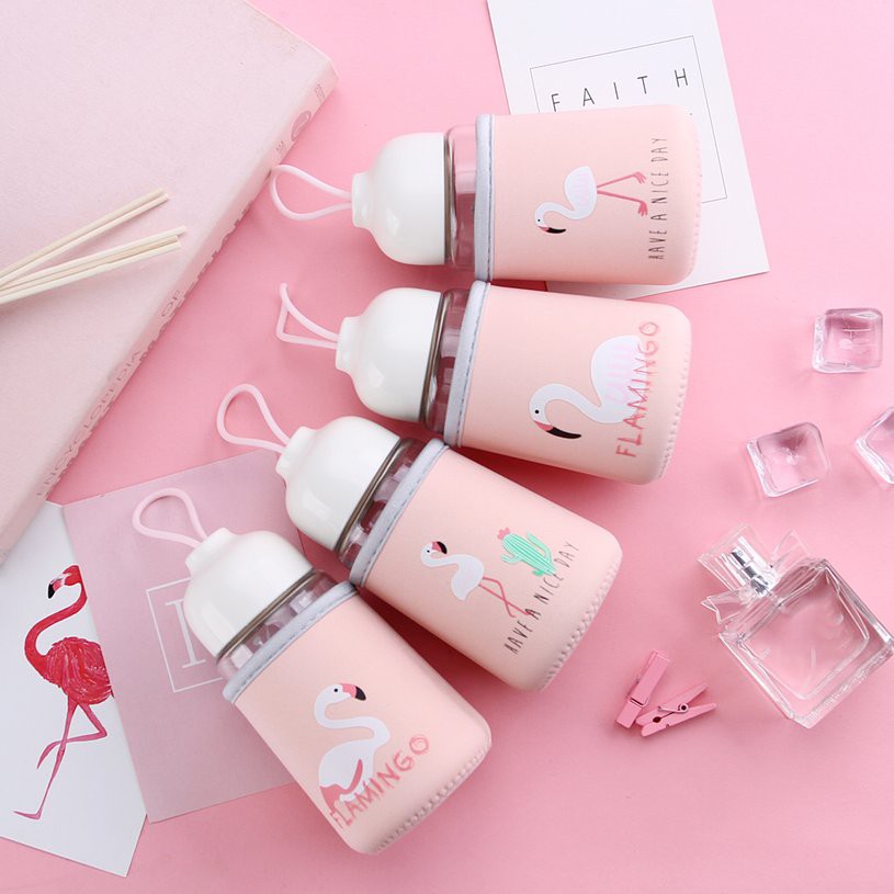 ส่งฟรี-พร้อมส่ง-320ml-flamingo-ขวดน้ำแก้วฝาครอบผ้าน่ารักการดื่มถ้วยขวดจดหมาย