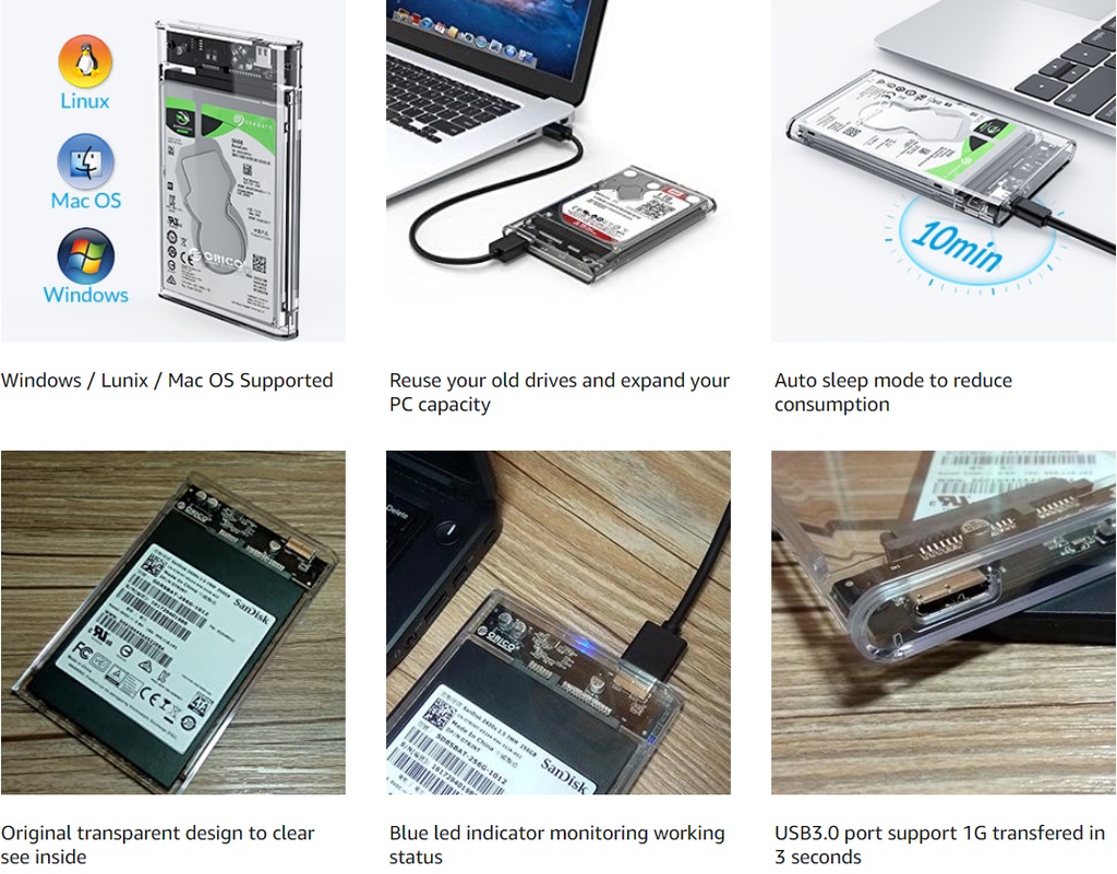 เกี่ยวกับสินค้า ORICO กล่องใส่ HDD แบบใส Harddisk SSD case 2.5 inch USB 3.0 Hard Drive Enclosure 2139U3 (ไม่รวม HDD)