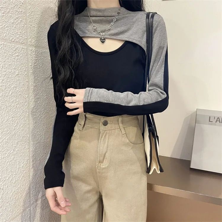 เสื้อยืดคอเต่า-เข้ารูป-สีคอนทราสต์-สไตล์เรโทร-สําหรับผู้หญิง