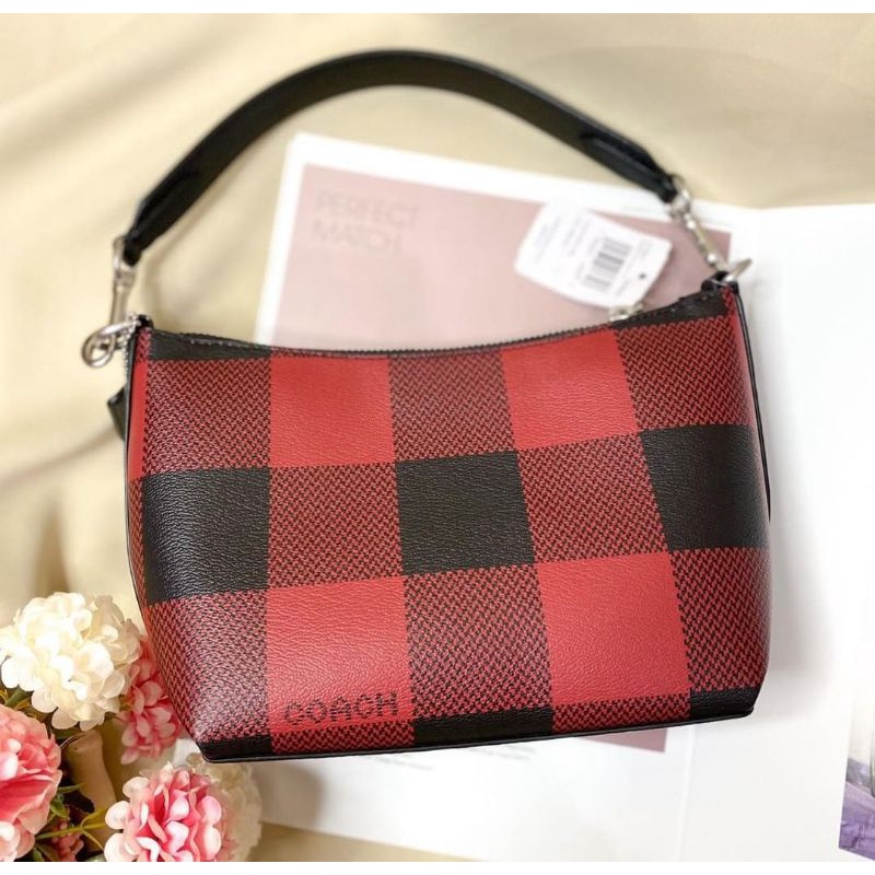 สด-ผ่อน-กระเป๋าสะพาย-แดงลายสก็ต-coach-c1551-dempsey-shoulder-bag-with-buffalo-plaid-print-and-coach-patch