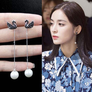 Korean Shining full of rhinestones black swan long tassel pearl pendant earrings 925 silver needle fashion slimming earrings one style two ways to wear earrings