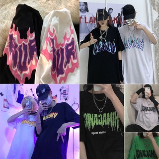 เสื้อยืดคอกลม แขนสั้น พิมพ์ลายเปลวไฟ สีขาว สไตล์เกาหลีวินเทจ โอเวอร์ไซซ์ สําหรับผู้หญิง
