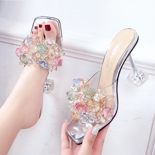 ล้าง Flash Diamond รองเท้าแตะคริสตัลส้นสูงรองเท้าส้นหนาป้องกันการลื่นไถล