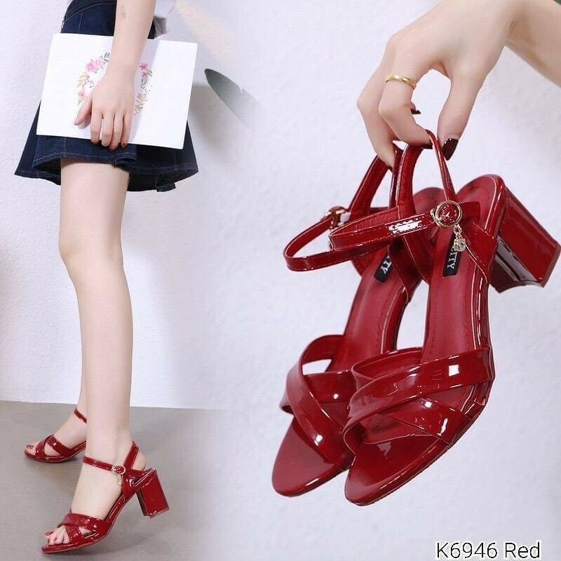 k6946-รองเท้าสไตล์รัดส้นงานหนังแก้ว-คาดหน้าทรงกากบาทสายรัดส้น