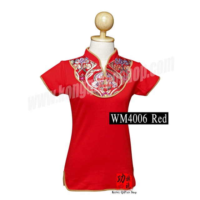 wm4006-เสื้อยืดคอจีนผู้หญิง-ลายสร้อยดอกโบตั๋น