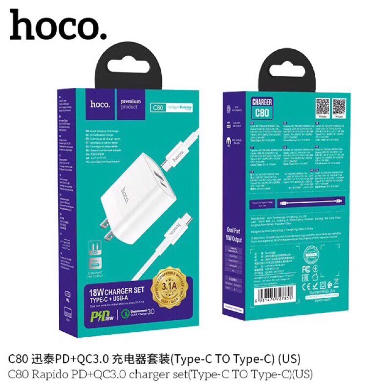 hoco-c80หัวชาร์จ2ช่องเสียบ-usb-pd-fast-charger-20w-pd-qc3-0-ของแท้100