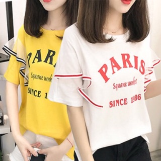 FBเสื้อแฟชั่นคอกลมสกรีนอกแขนสั้น ต้นแขนต่อผ้าตาข่ายพริ้วๆสวยน่ารักสไตล์เกาหลี 2 สี รหัส 1872