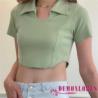 DEMQ-Women Korea Style Crop Tops Solid Color Turn-Down Collar Short Sleeve Summer Casual Exposed Navel Tops