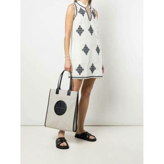 กระเป๋า Tory Burch Ella N/s Tall Canvas Tote In Neutrals