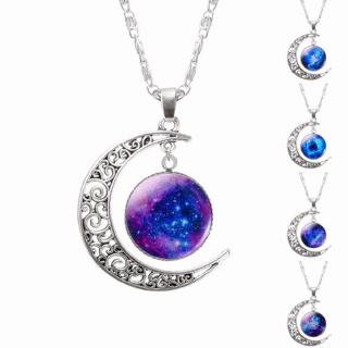 Galaxy Planet Star Glass Cabochon Pendant Necklace Crescent Moon Jewelry Silver Plated Chain Necklace Women Friend Best Gifts