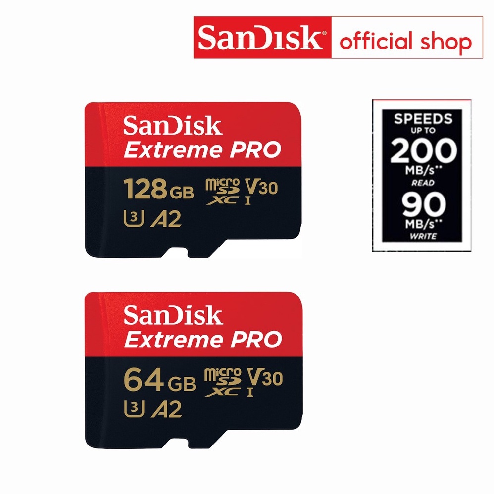 ภาพหน้าปกสินค้าSanDisk Extreme Pro microSDXC 64GB / 128GB A2 (SDSQXCU, SDSQXCD) ความเร็วสูงสุด อ่าน 200MB/s เขียน 90MB/s จากร้าน sandisk_thailand_officialshop บน Shopee