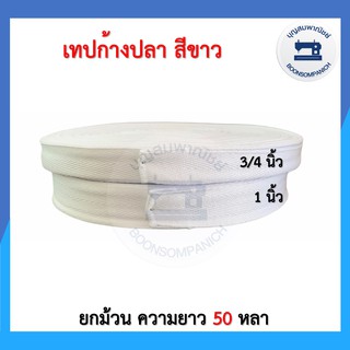 เทปก้างปลา สีขาว สายกระเป๋า เทปผ้า สายผ้า ยกม้วน ความยาว 50 หลา ราคาถูก