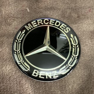 BENZ เบนซ์ ป้าย โลโก้ ฝากระโปรง ดุมล้อ แป้นแตร  logo badge ดำ silver black เงิน อะลูมเนียม โลหะ  5.2 4.5 cm