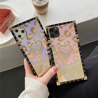 OPPO A5 A9 2020 A52 A92 A8 A31 A5 A3S A7 A5S A12 A53 A33 2020 Square Luxury Gold Plated Leopard Print Stand Heart Phone Case