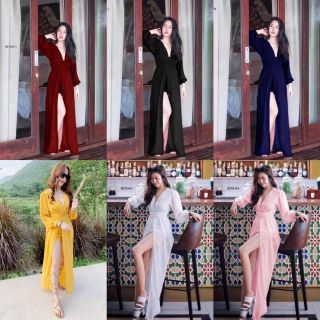 PE8170  Jumpsuit ขาสั้น ผ้าชีฟองคอวี แต่งแขนพองเป็นทรงบอลลูนน่ารัก