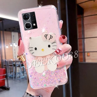 เคสโทรศัพท์มือถือนิ่ม แบบใส ลายการ์ตูนแมวน่ารัก สีชมพู พร้อมขาตั้งกระจก สําหรับ OPPO Reno 7 7Z 7Pro 6 6Z 6Pro A76 A96 5G 4G Reno7 Reno6 Z Pro OPPOA96